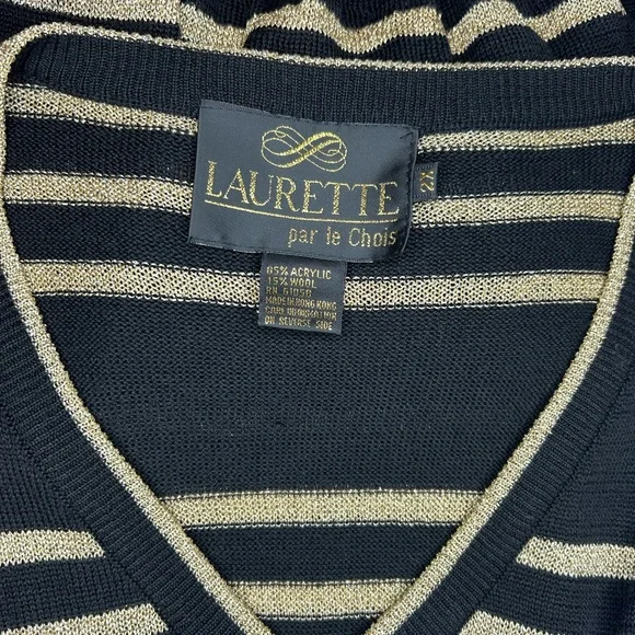 Laurette Women’s Striped V-Neck Sweater VTG Wool Blend Black/Metallic Gold 2X - Picture 7 of 11